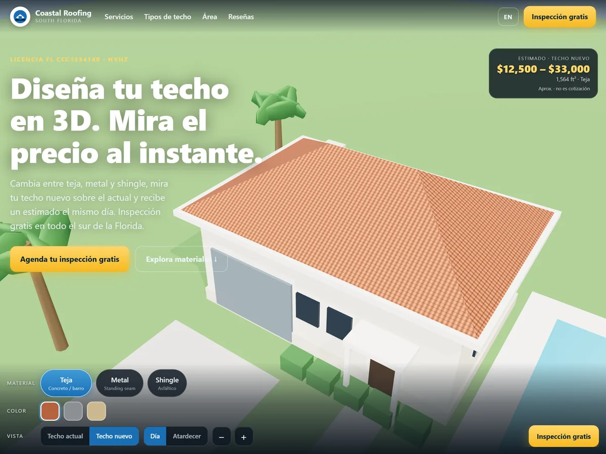 Página de Coastal Roofing of South Florida con configurador de techo en 3D